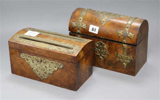 A Victorian walnut letters casket and a stationary casket longest 23cm